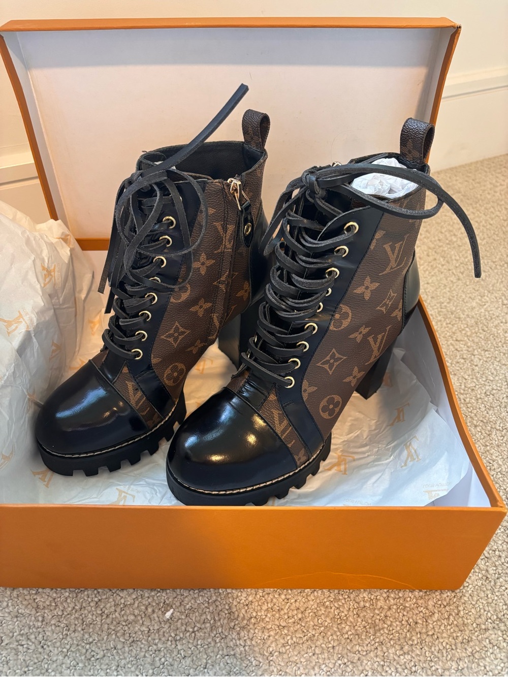 Louis Vuitton Brown Monogram Lace-Up Leather Block Heel Ankle Boots - Picture 2 of 7